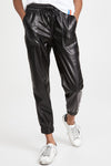 Black Faux Leather Ankle Smocked Waist Drawstring Joggers