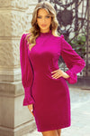 Rose Red Smocked Mock Neck Ruffled Puff Sleeve Velvet Mini Dress