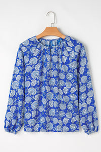 Blue Floral Notched V-Neck Long Sleeve Blouse