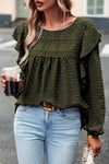 Blackish Green Lace Eyelet Ruffle Shoulder Long Sleeve Blouse