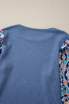 Ashleigh Blue Ruffled Floral Sleeve Patchwork Waffle Knit O Neck Blouse