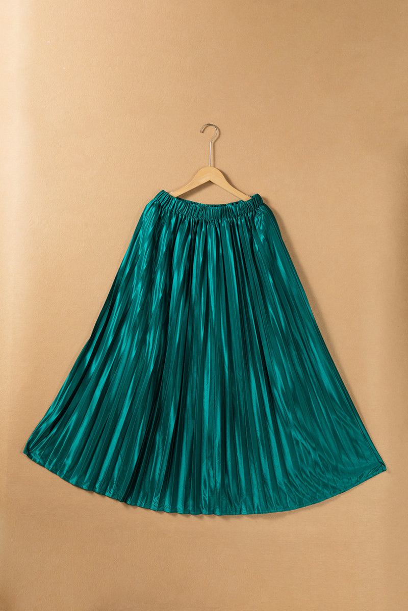 Blackish Green Satin Elastic Waist Pleated Maxi Skirt