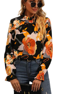 Black Floral Print Mock Neck Blouse