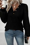 Black Buttoned V Neck Ribbed Puff Sleeve Top