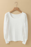 White Flower Puff Sleeve Ribbed Knit Top