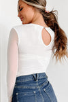 White Mesh Splicing Back Cutout Long Sleeve Bodysuit