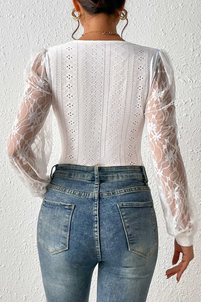 White Frenchy Contrast Lace Bishop Sleeve Bodysuit