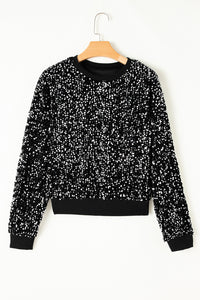 Black Sequined Long Sleeve Crew Neck Cropped Blouse