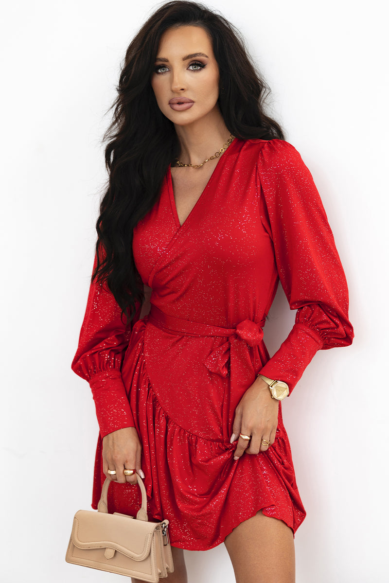 Racing Red Tinsel Buttoned Bishop Sleeve Surplice Neck Ruffled Mini Dress