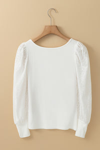 White Flower Puff Sleeve Ribbed Knit Top