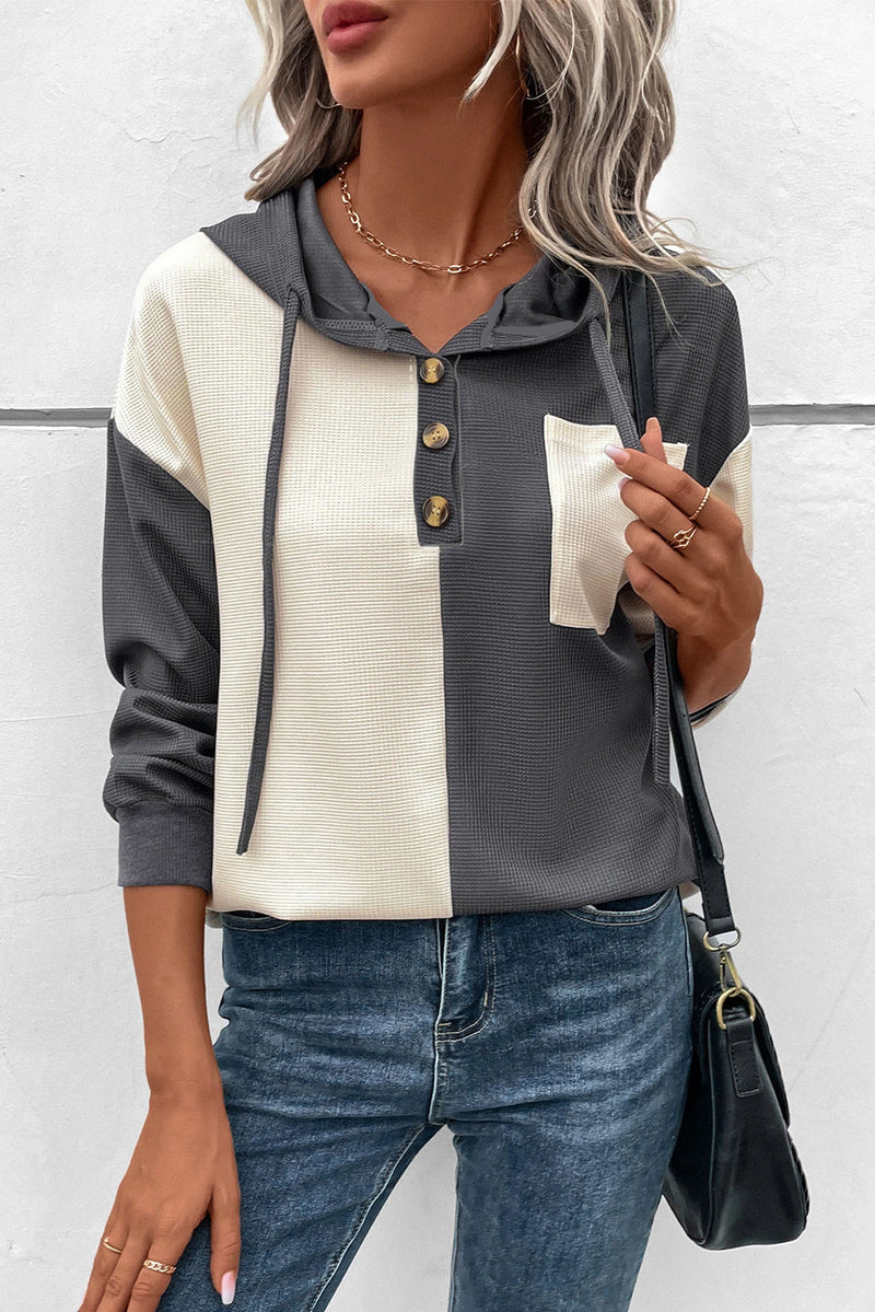 Dark Grey Waffle Colorblock Buttons Placket Drop Shoulder Drawstring Hoodie